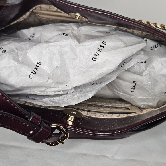 Guess Women's Deep Burgundy Shoulder Bag with Gold Chain - Picture 3 of 5